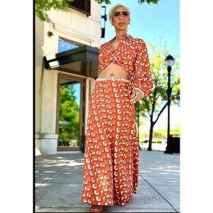 Zara Linen Blend Maxi Skirt Beaded Waist Rust Orange Print Large